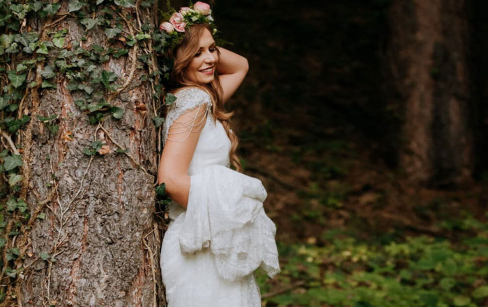 romantic bride in a bohemian wedding dress