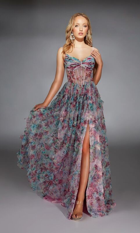alyce paris corset floral prom dress