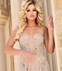 Jovani 40056 Fringe Skirt Plunging Neck Pageant Gown