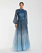 Mac Duggal 6206 Slate Blue Ombre High Neck Bishop Sleeve Dress