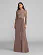 Mac Duggal 69121 Illusion Sleeve Draped Skirt Golden Brown Dress