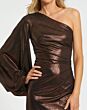Mac Duggal 27158 One Shoulder Bishop Sleeve Chocolate Brown Dress
