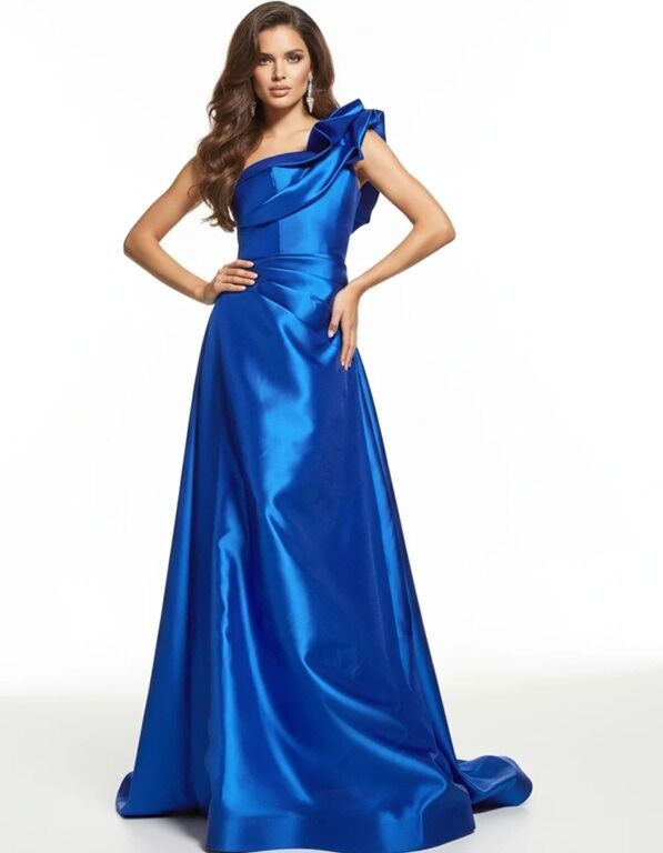 Jovani 44345 Ruffled Asymmetric Neck Draped A-Line Dress