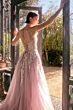 Andrea and Leo A1416 Sheer Midriff Lace-Up V-Neck Dress