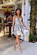 Ava Presley 29262 Beaded Waist A-Line Pleated Metallic Dress