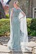GLS by Gloria GL3835 Gray Blue V-Neckline with Cape Dress