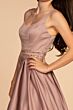 Elizabeth K GL2531 Illusion Back Pleated A-Line Satin Dress