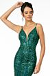 Elizabeth K GL2939 Godet Skirt Plunging Neck Glitter Dress