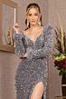 Elizabeth K GL3122 Feather Cuff V-Back Sequin Dress