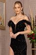 Elizabeth K GL3149 Feather Sleeve Cutaway Slit Velvet Dress
