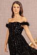 Elizabeth K GL3163 Feather Strap Side Tail Sequin Velvet Dress