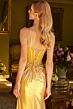 Elizabeth K GL3597 Illusion Top Plunging Neck Metallic Dress