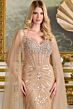 Elizabeth K GL3665 Cape Sleeve Embellished Champagne Dress