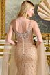 Elizabeth K GL3665 Cape Sleeve Embellished Champagne Dress
