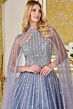Elizabeth K GL3669 Halter Neckline Cape Sleeve Dusty Blue Dress