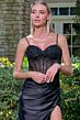 Elizabeth K GL3677 Spaghetti Strap Satin Skirt High Slit Dress