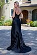 Elizabeth K GL3680 Black High Slit Fit and Flare Dress