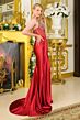 Elizabeth K GL3681 Burgundy High Slit Fit and Flare Dress