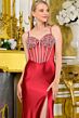 Elizabeth K GL3681 Burgundy High Slit Fit and Flare Dress