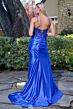 Elizabeth K GL3688 Spaghetti Strap High Slit Fit and Flare Dress