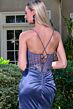 Elizabeth K GL3696 Smoky Blue High Slit Lace-Up Dress