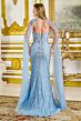 Elizabeth K GL3782 Dusty Blue Cape Sleeve Lace-Up Dress