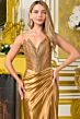 Elizabeth K GL3789 High Slit Beaded Bodice Lace-Up Dress