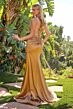 Elizabeth K GL3817 Spaghetti Strap Beaded Bodice Gold Dress