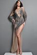 Jovani 46705 Long Sleeve Beaded Mesh Nude Silver Dress