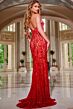 Jovani 42724 Plunging Halter Beaded Lace Dress