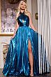 Jovani 42733 Pleated Metallic Cross Halter Dress