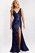 Jovani 48631 Open V-Back Sequin Mesh Navy Dress