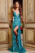Jovani 08340 Feather Skirt Plunging Neck Dress