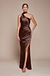 Ladivine 7454 Asymmetric Neck Draped Satin Dress