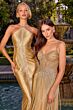 LaDivine CDS576 Beaded Bodice A-Line Fringe Skirt Gold Dress