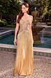 LaDivine CDS576 Beaded Bodice A-Line Fringe Skirt Gold Dress