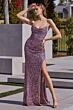 LaDivine CH117 Cowl Neckline Lace-Up Sequin Dress