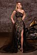 LaDivine J869 Tulle Overskirt Asymmetric Neck Dress