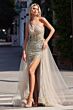 LaDivine J869 Tulle Overskirt Asymmetric Neck Dress