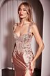 Ladivine CD775 Applique Corset Top Side Slit Satin Dress