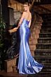 Ladivine CDS529 Beaded Scoop Neck Side Slit Satin Dress