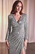 Ladivine CH054 Long Sleeve High Slit Sequin Dress