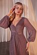 Ladivine CK2141 Bishop Sleeve V-Neck Metallic Knit Dress