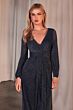 Ladivine CK2141 Bishop Sleeve V-Neck Metallic Knit Dress