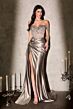 LaDivine CDS554 Beaded Corset Top Drape Skirt with Side Tail Dress