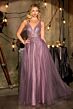 LaDivine CR880 Tulle Skirt Plunging V-Neck Dress