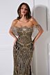 LaDivine J908 High Slit Fringe Neckline Dress