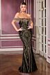 LaDivine J908 High Slit Fringe Neckline Dress