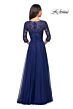 La Femme 27153 Lace Sleeves Ruched Top Dress