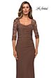 La Femme 28056 Lace Sleeves Ruched Dress